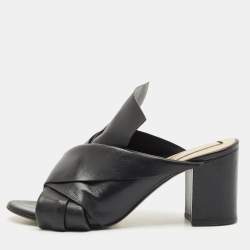 N21 Black Leather Knot Block Heel Slide Sandals Size 37.5