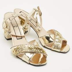 N°21  Gold Leather Sequinned Block Heel Ankle Strap Sandals Size 39