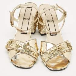 N°21  Gold Leather Sequinned Block Heel Ankle Strap Sandals Size 39