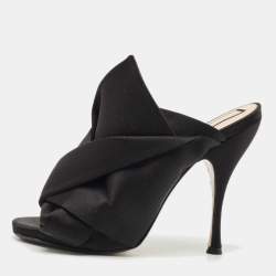Pre Owned Nº21 Black Satin Raso Knot Peep Toe Mules Size 38.5