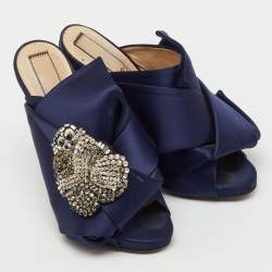 Pre Owned N°21 Navy Blue Satin Crystal Embellishment Raso Knot Mules Size 36