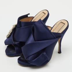Pre Owned N°21 Navy Blue Satin Crystal Embellishment Raso Knot Mules Size 36