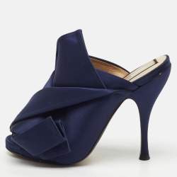 Pre Owned N°21 Navy Blue Satin Crystal Embellishment Raso Knot Mules Size 36