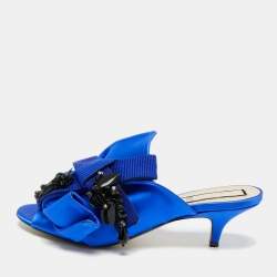 Pre Owned N21 Bow Size 38 Blue Satin Kitten Heel Slide Sandals