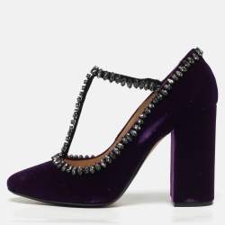 مملوكة مسبقًا N21 Size 41 Purple Velvet Crystal Embellished T Strap Block Heel Pumps