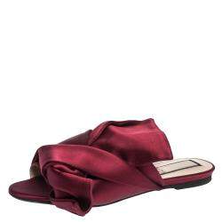 Pre Owned N21 Burgundy Satin Knot Flat Mules Size 37.5