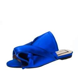 Pre Owned N21 Royal Blue Satin Knot Flat Mules Size 37