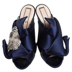 Pre Owned N21 Navy Blue Satin Raso Knot Peep Toe Mules Size 37.5