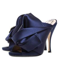 Pre Owned N21 Navy Blue Satin Raso Knot Peep Toe Mules Size 37.5