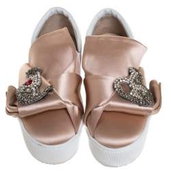 Pre Owned N21 Beige Satin Crystal Embellished Bow Skate Cat Slip on Sneakers Size 37
