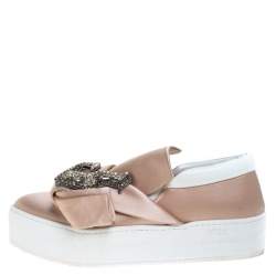 Pre Owned N21 Beige Satin Crystal Embellished Bow Skate Cat Slip on Sneakers Size 37