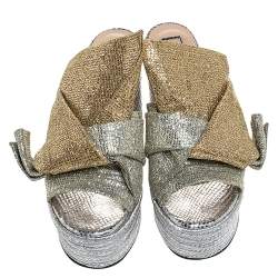 N21 Silver/Gold Glitter Fabric Raso Knot Espadrille Platform Wedge Sandals Size 39
