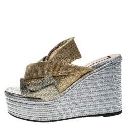 N21 Silver/Gold Glitter Fabric Raso Knot Espadrille Platform Wedge Sandals Size 39