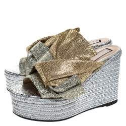 N21 Silver/Gold Glitter Fabric Raso Knot Espadrille Platform Wedge Sandals Size 39