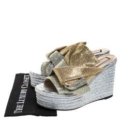 N21 Silver/Gold Glitter Fabric Raso Knot Espadrille Platform Wedge Sandals Size 39
