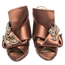 N21 Brown Embellished Satin Knot Mules Sandals Size 38