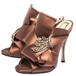 N21 Brown Embellished Satin Knot Mules Sandals Size 38