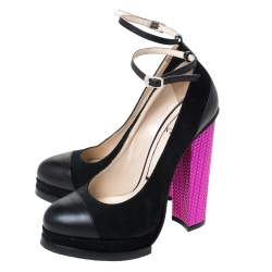 N21 Black/Purple Suede And Leather Block Heel Ankle Strap Sandals Size 38.5