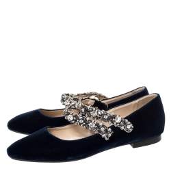 Pre Owned N°21 Blue Velvet Embellished Strappy Ballet Flats Size 39