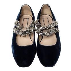 Pre Owned N°21 Blue Velvet Embellished Strappy Ballet Flats Size 39