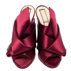 Pre Owned N21 Burgundy Satin Raso Knot Peep Toe Mules Size 38