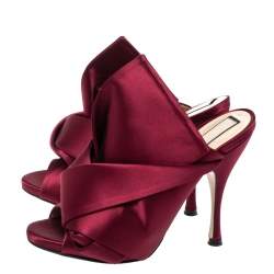 Pre Owned N21 Burgundy Satin Raso Knot Peep Toe Mules Size 38