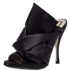 مملوكة مسبقًا N21 Black Satin Raso Knot Peep Toe Mules Size 39