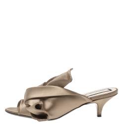 مملوكة مسبقًا N21 Brown Satin Raso Knot Peep Toe Mules Size 36