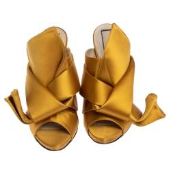 Pre Owned N21 Yellow Satin Raso Knot Peep Toe Mules Size 39