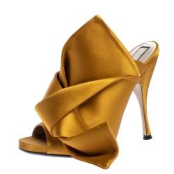 Pre Owned N21 Yellow Satin Raso Knot Peep Toe Mules Size 39