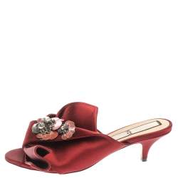 Pre Owned N21 Burgundy Satin Embellished Knot Mule Sandals Size 40