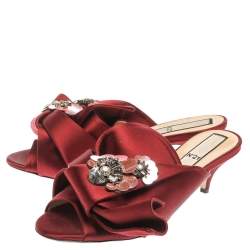 Pre Owned N21 Burgundy Satin Embellished Knot Mule Sandals Size 40