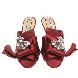 Pre Owned N21 Burgundy Satin Embellished Knot Mule Sandals Size 40