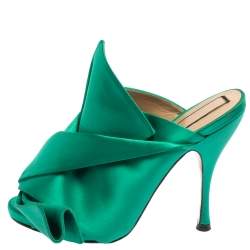 Pre Owned N21 Emerald Green Satin Raso Knot Peep Toe Mules Size 38