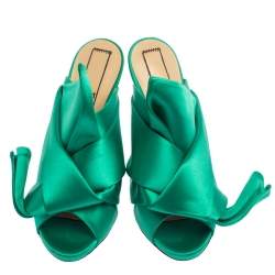 Pre Owned N21 Emerald Green Satin Raso Knot Peep Toe Mules Size 38