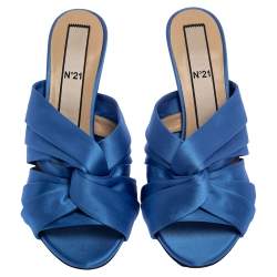 Pre Owned N21 Blue Satin Twisted Knot Mule Sandals Size 39