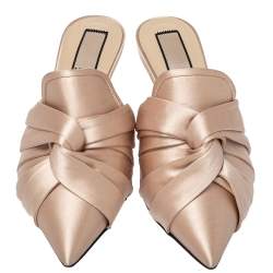 Nº21 Beige Satin Knot Pointed Toe Kitten Heel Mules Size 38