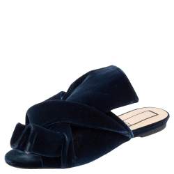 Pre Owned N21 Dark Blue Velvet Knot Flat Mules Size 38