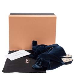 Pre Owned N21 Dark Blue Velvet Knot Flat Mules Size 38