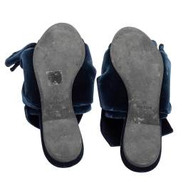 Pre Owned N21 Dark Blue Velvet Knot Flat Mules Size 38