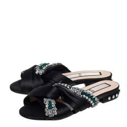 Nº21 Black Satin Crystal Embellished Knotted Flat Slides Size 37