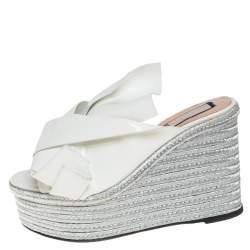 مملوكة مسبقًا N21 White Patent Leather Knotted Espadrille Wedge Platform Sandals Size 38