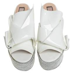مملوكة مسبقًا N21 White Patent Leather Knotted Espadrille Wedge Platform Sandals Size 38