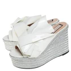 مملوكة مسبقًا N21 White Patent Leather Knotted Espadrille Wedge Platform Sandals Size 38