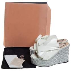 مملوكة مسبقًا N21 White Patent Leather Knotted Espadrille Wedge Platform Sandals Size 38