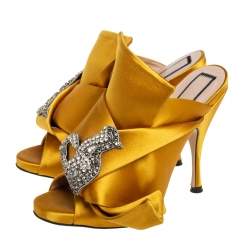 Nº21  Yellow Satin Crystal Embellished Knot Mules Size 36.5