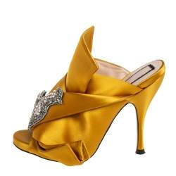Nº21  Yellow Satin Crystal Embellished Knot Mules Size 36.5