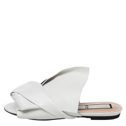 Nº21  White Leather Knot Flat Slides Size 37