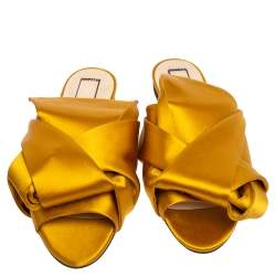 Pre Owned Nº21  Yellow Satin Knot Flat Mules Size 37.5