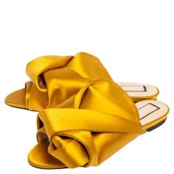 Pre Owned Nº21  Yellow Satin Knot Flat Mules Size 37.5